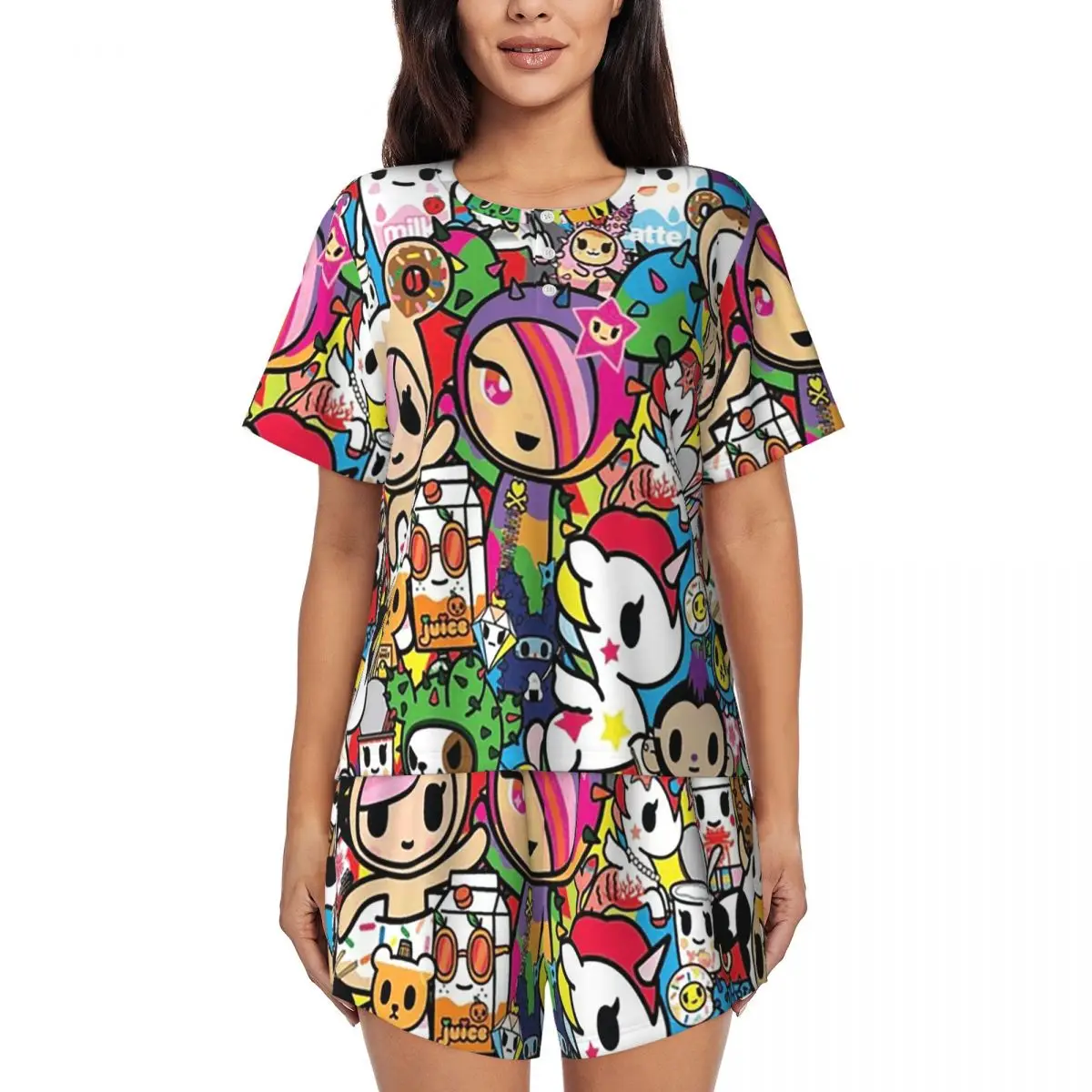 

Tokidoki Kawaii Donutella Sandy Unicorno Round Neck Short Sleeve Nightgowns for Sleeping Women Loose Pajama Set Short Pants