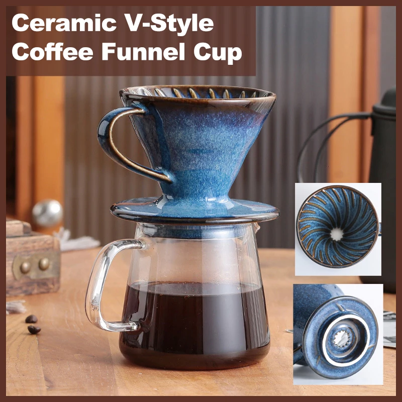 

Ceramic V-Style Coffee Funnel Cup Hand Brew Coffee Filter Cup Conical Spiral Drip Utensils Filter Heat-resistant Coffee Utensils