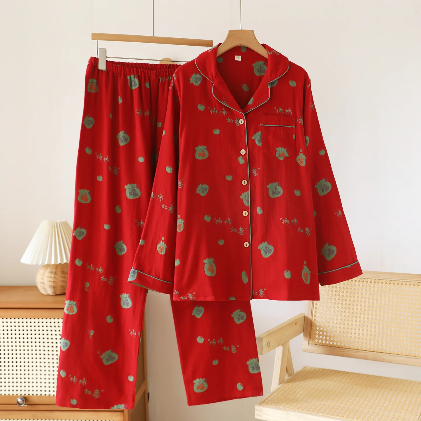 

New Year Red Color Pajamas for Women Cotton Printed Spring Turn-down Collar Long Sleeve Long Trousers 2 Pcs Homewear Set