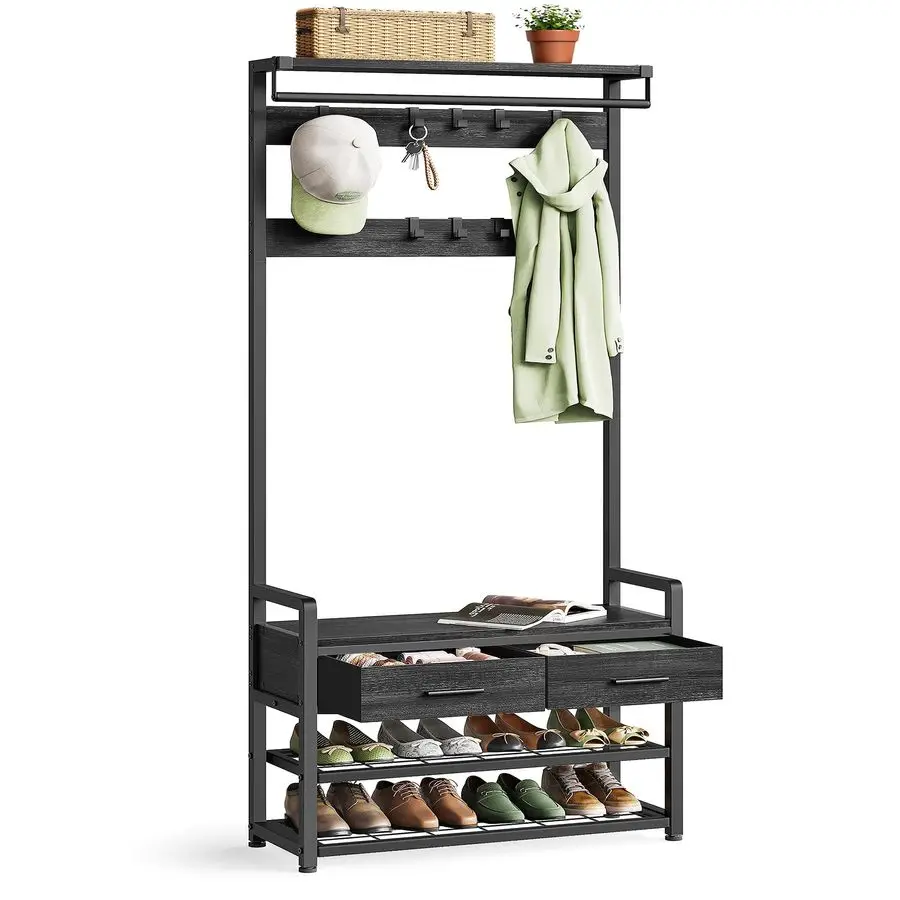 

Hall Tree with Bench and Shoe Storage, Entryway Coat Rack with Shoe Bench, 2 Fabric Drawers, 10 Hooks, 11.8 x 31.7 x 71.5 Inche