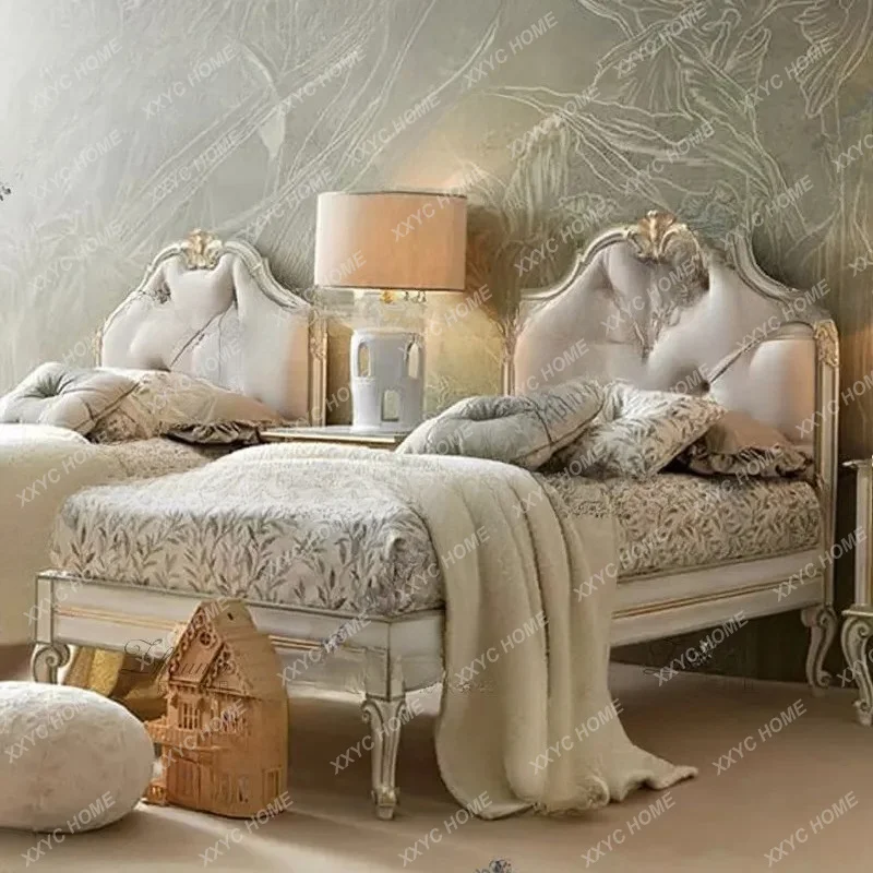 XX retro master bedroom bed  solid wood carving flower double bed light luxury soft bag backrest bed