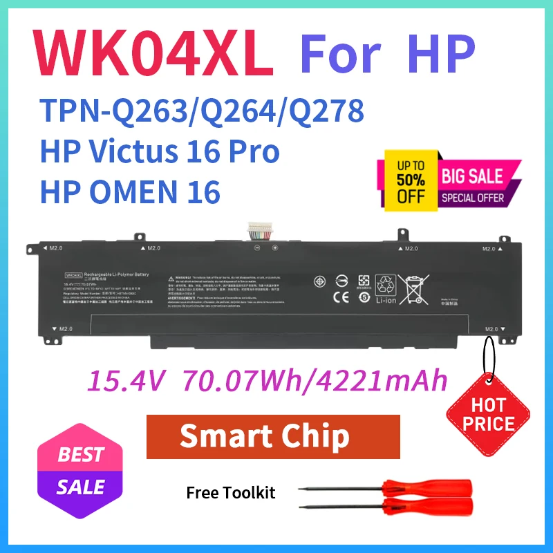 

15.4V 70.07Wh WK04XL Replacement Laptop Battery for HP Victus 16 Pro OMEN 16 Slim TPN-Q263 Q264 Q278 16-b0004TX Notebook Battery