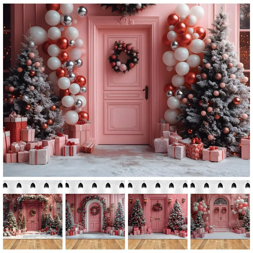 

Pink Christmas Photography Backdrop European Style Wall Palace Door Xmas Tree Gifts Kids Portrait Photocall Background Decor