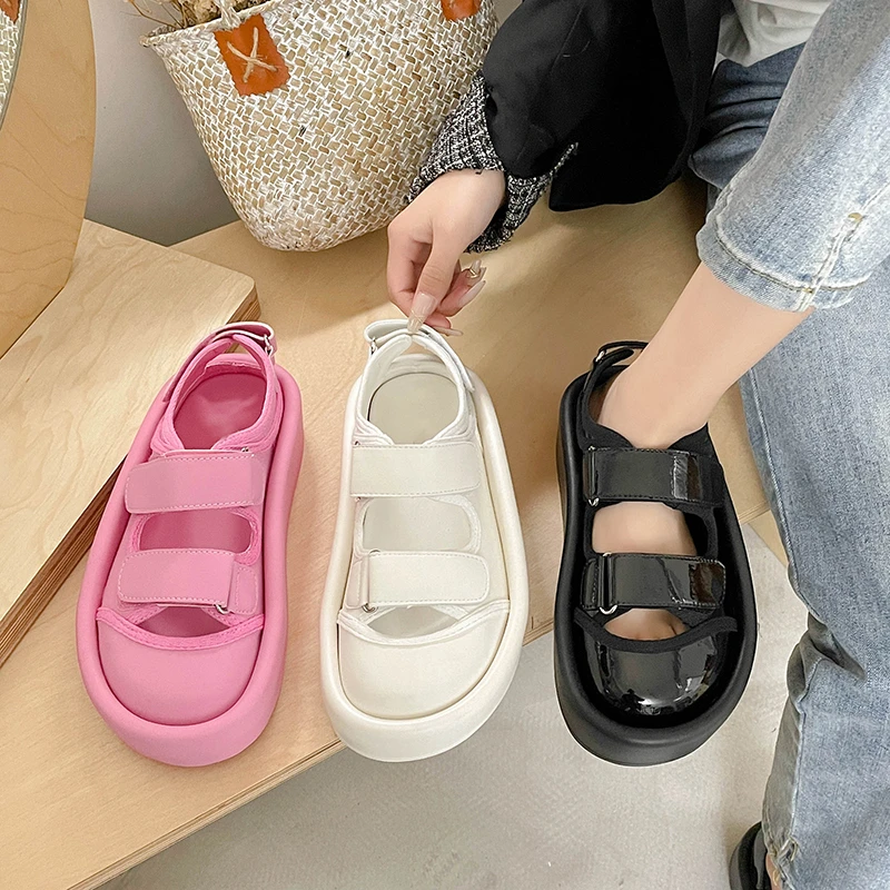 Low Sandals Woman Leather Shoes Summer Heels All-Match Suit Female Beige Low-heeled Girls Comfort Fashion Spring Gladiator Black