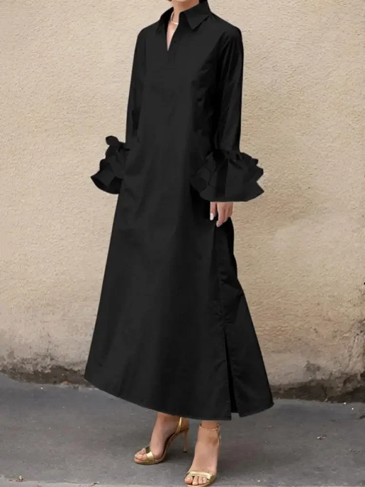 Lemongor Muslim Ramadan Church Dress 2025 New Spring Long Flared Sleeves Black White Color H-Line Elegant Evening Maxi Dresses