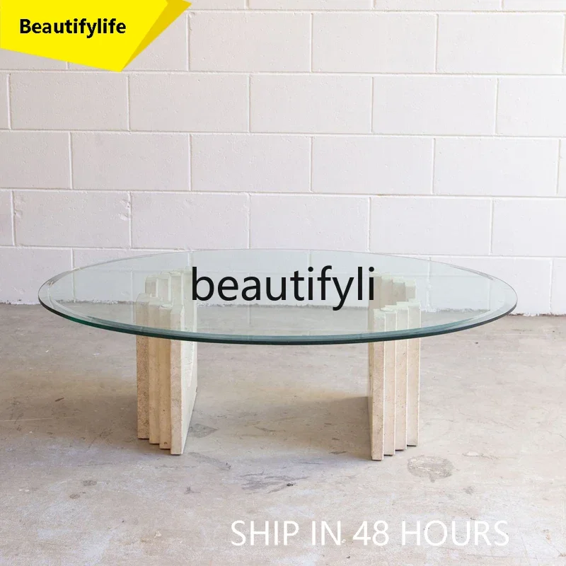 

smt1 Simple and modern Nordic wabi-sabi stone coffee table, marble creative art tempered glass oval tea table
