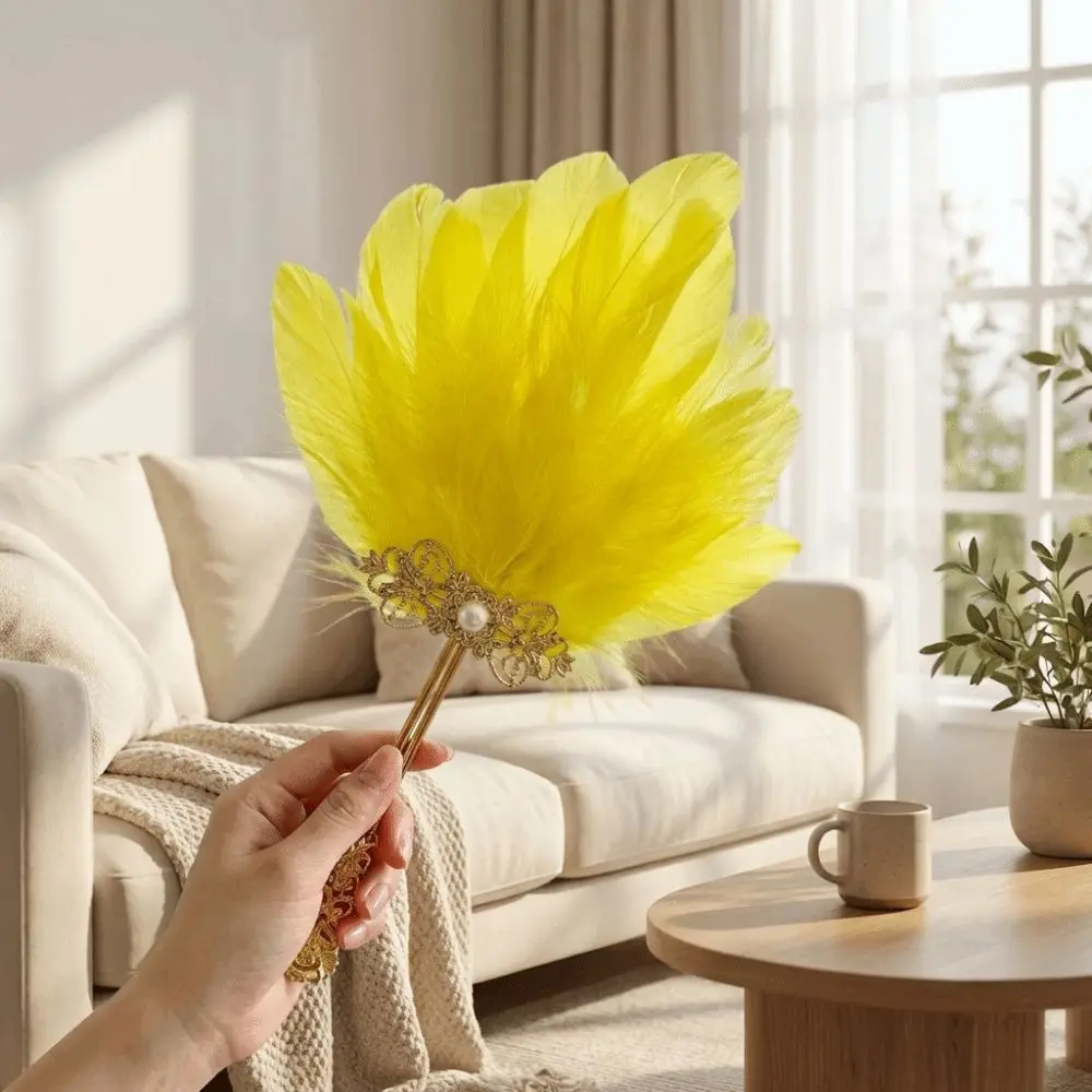Gold Handle Feather Hand Fan Colorful Vintage Ornate Handheld Fan Chinese Style Fairy Fan Dance Fan Wedding Party