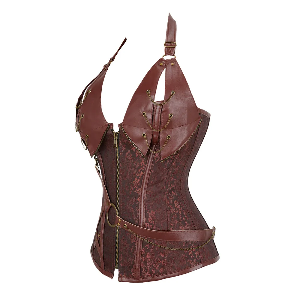 Steampunk Leather Corsets Top Plus Size Sexy Halter Overbust Bustier Gothic Pirate Vintage Outerwear Burlesque Basque Costume