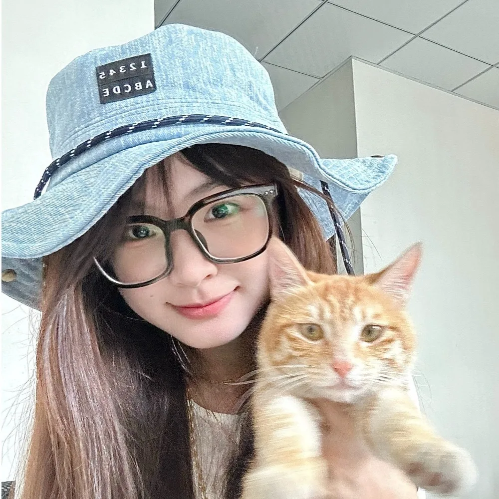 موضة واقية من الشمس قبعات رعاة البقر الغربية قبعة واسعة الحواف النمط الياباني صياد قبعة القماش الأزرق الدنيم قبعة بحافة النساء