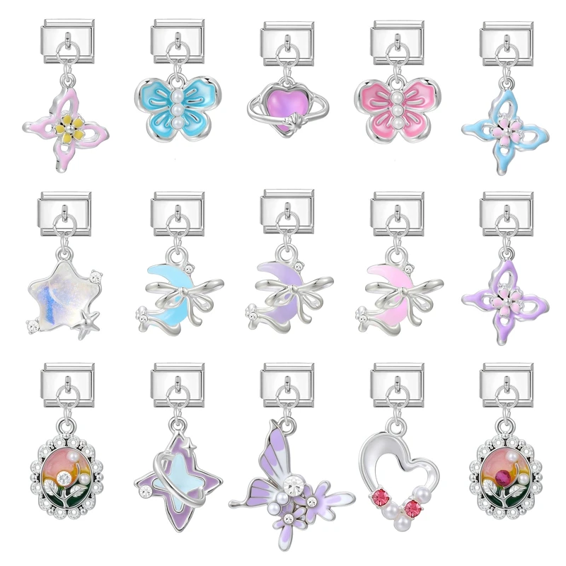 Fashion Key Moon Star Shell Heart Pendant Italian Charm Link Stainless Steel Fit 9mm Italian Chain Bracelet DIY Making Gifts