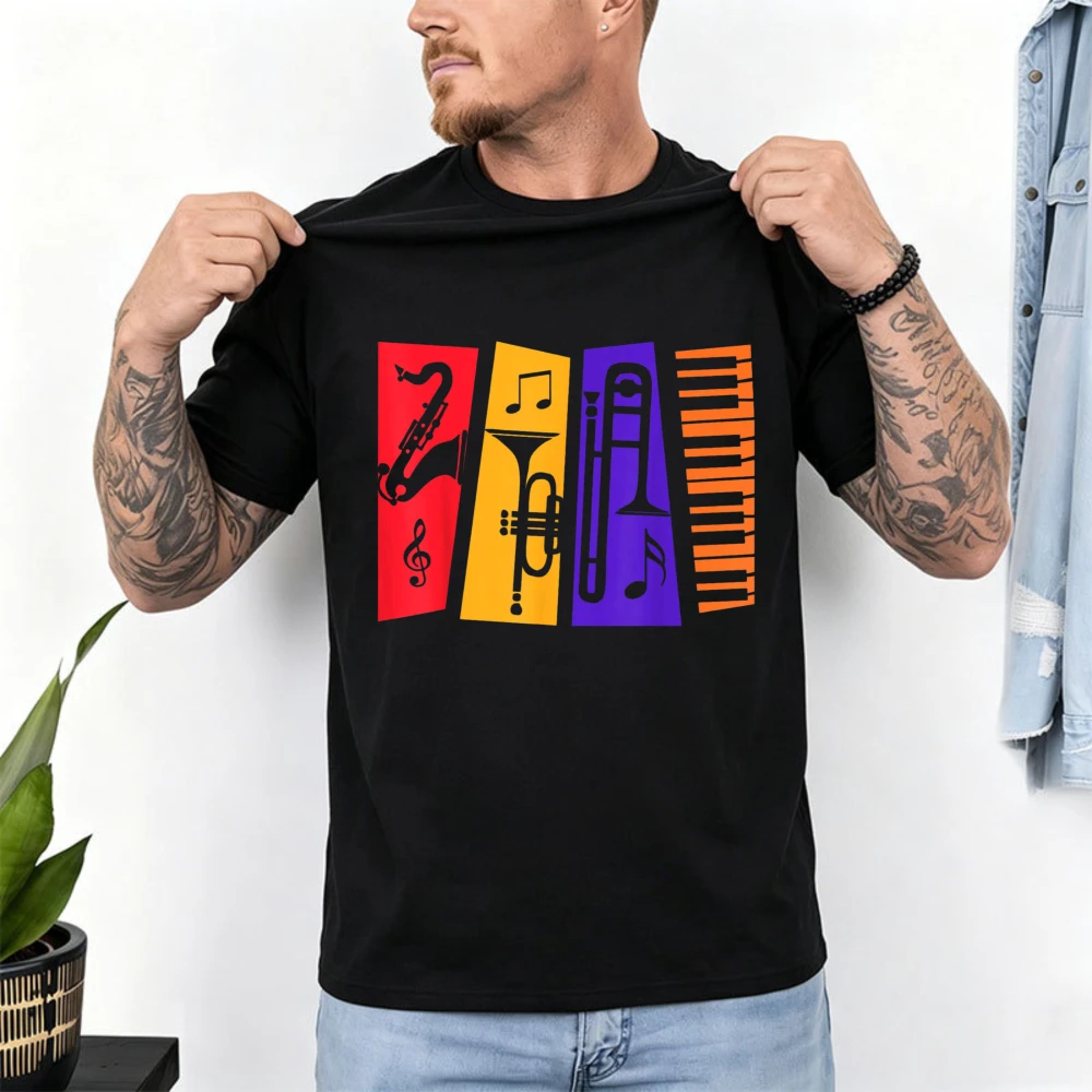 Jazz Instrument Saxophone Trumpet Piano Color Block T Shirt Men Band Music Print Tee Cotton Short Sleeve Brass Musician Tops