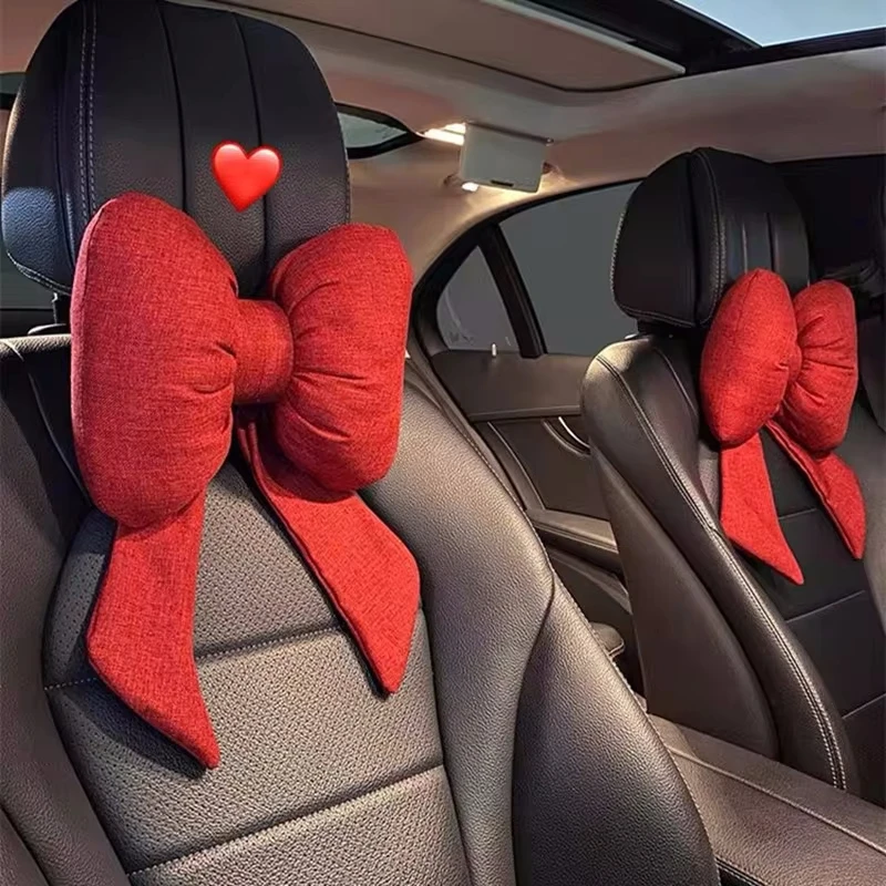 Ribbon Bow Linen Red Car Headrest Waist Neck Pillow New Car Seat Pillow Lumbar Support Women's Car Interior Accessories