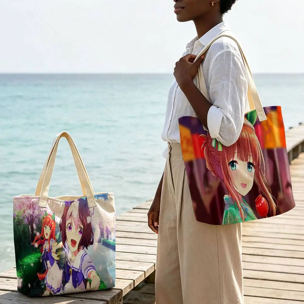 Umamusume Pretty Derby Linen Blend Cotton‑Polyester Shoulder Tote Bag Reusable Eco‑Friendly Handbag Storage Shopping Daily