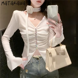 Matakawa V Neck Women Sweaters Solid Flare Sleeve Autumn Winter Short Pullovers Korean Fashion Halter Sexy Retro Pull Femme