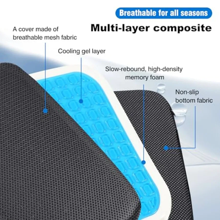 Gel Memory Foam Seat Cushion with Washable Cover Non-Slip Thick Chair Cushion with Portable Handle and Storage Pocket Adjustabl