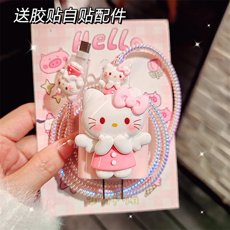 4pcs/set Hello Kitty Data Cable Protective Case 20W for Iphone 15 14 Kawaii Cartoon Anti-fracture Charger Protective Case