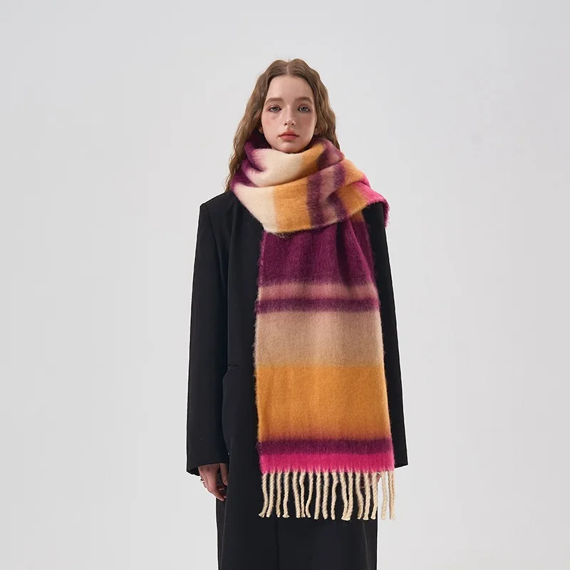 Colorful Striped Scarf with Tassels Mohair Cashmere Winter Thickened Ball Scarf Neckband Warm Rainbow Scarf Couples Accessories