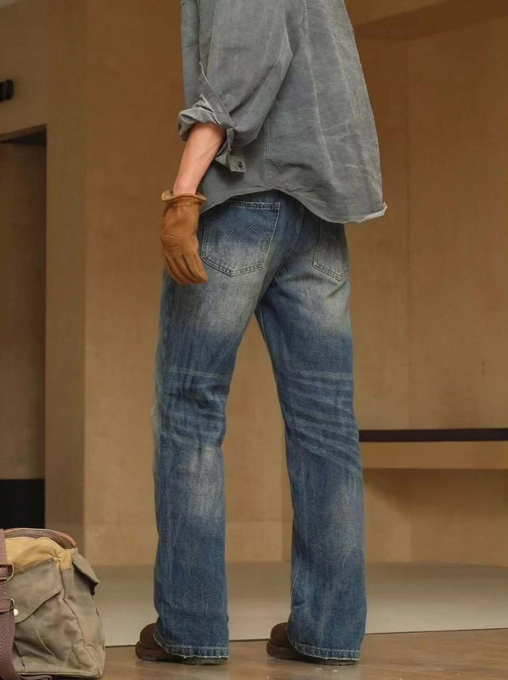 【HME】Men's Jeans | Men Retro Flare-Cut Denim Pants, Dark Vintage Wash With Multi Ripped Fray Design, Stretch Elastic Waistband, Wide Leg Opening Denim Trousers, Ideal For Work-Outing Men Pants