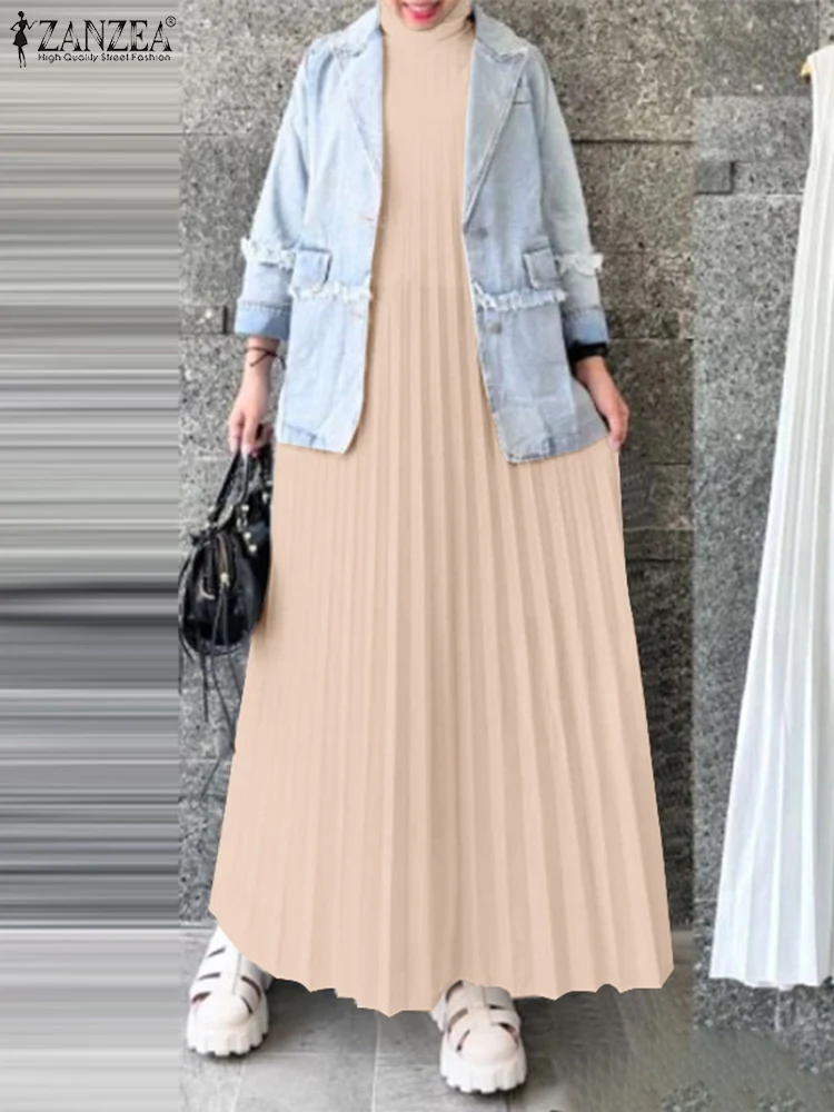 ZANZEA Stand Collar Women Maxi Dress Commute Turkey Hijab Plisse 2024 Trend Abaya Robes Sleeveless Muslim Islamic Pleated Dress