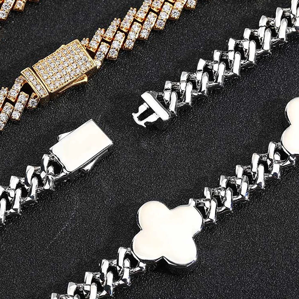 

New Design Lucky Four Leaf Clover Cuban Link Chain Single Row Diamond Prong Cuban Link Chain Necklace For Women Jewelry ﻿