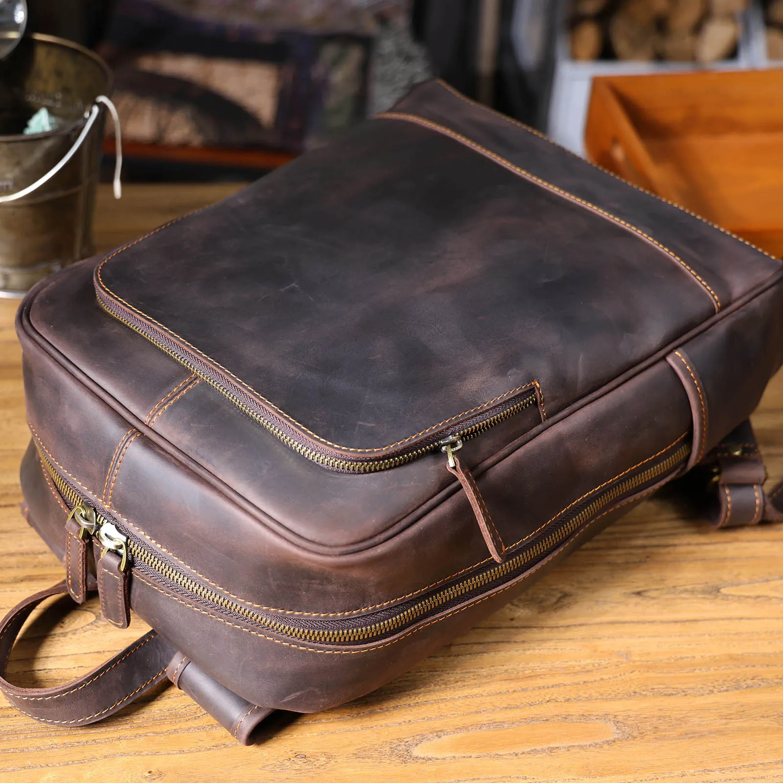 S.WORKER Vintage Echtleder-Rucksack für Herren, Große Laptop-Schultertasche aus Rindsleder, Klassische Vintage Crazy Horse Schultasche für Reisen – Detail 12