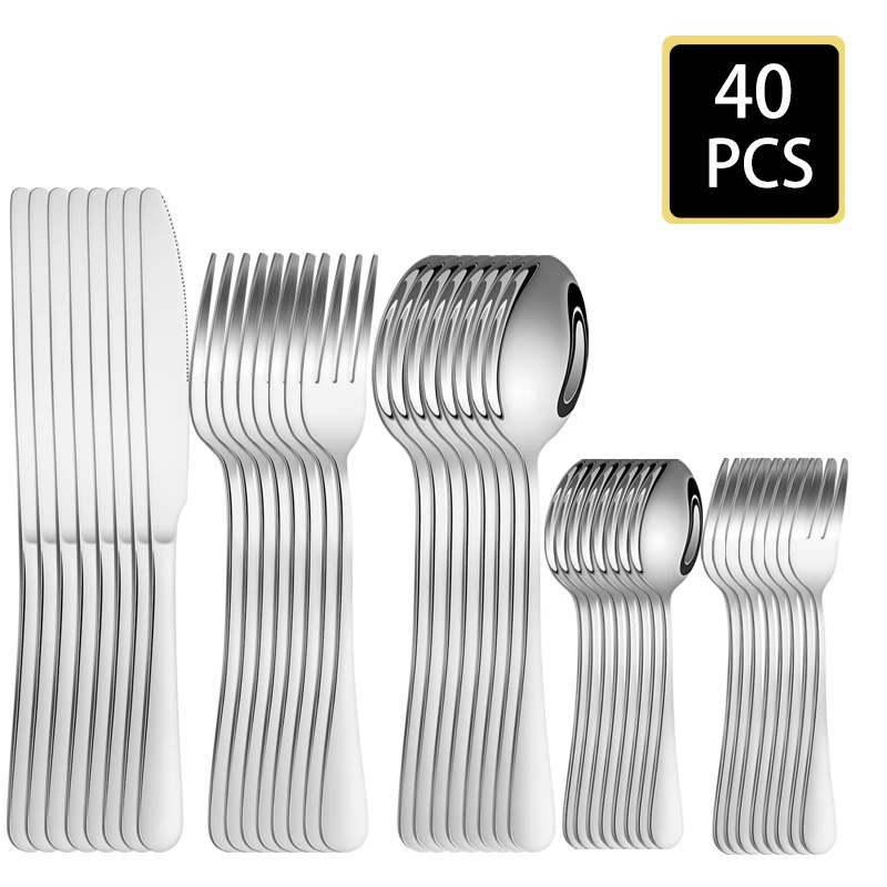 40pcs Stainless Steel Tableware, Knives, Forks, Spoons and Dessert Forks Are Very Suitable for Daily Use at Home.