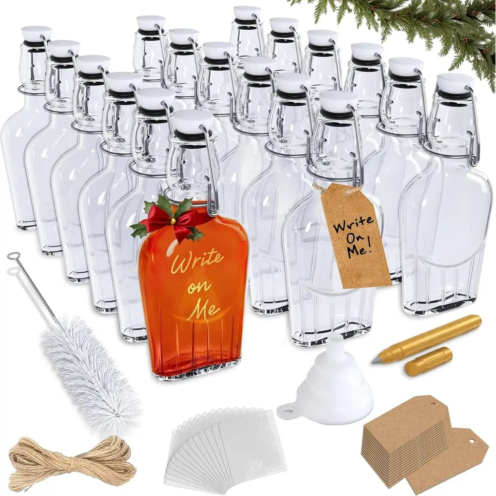 

18-Piece Set of 8.5 oz Airtight Glass Flasks with Swing Top, Tags, Funnel, and More | Ideal for Vanilla Extract and Syrup Bottle