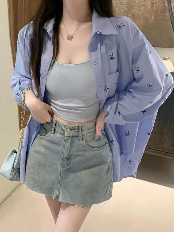 

Summer 2025 Women's Loose Long Sve Printed irt Knot Design Sun Protection Top White Polyester Blend Regular Fit