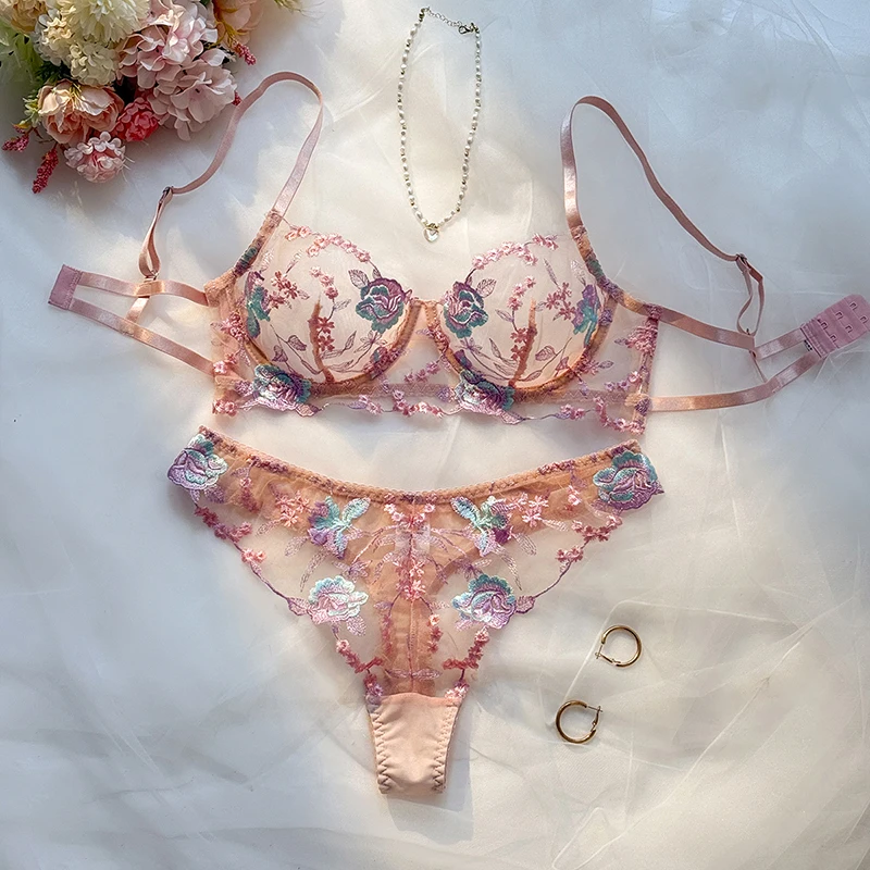 

Daring Lingerie for Women Sweet Lace Underwear Intimate Bra Set Pure Desire Transparent Lingerie Floral Embroidey Erotic Sets