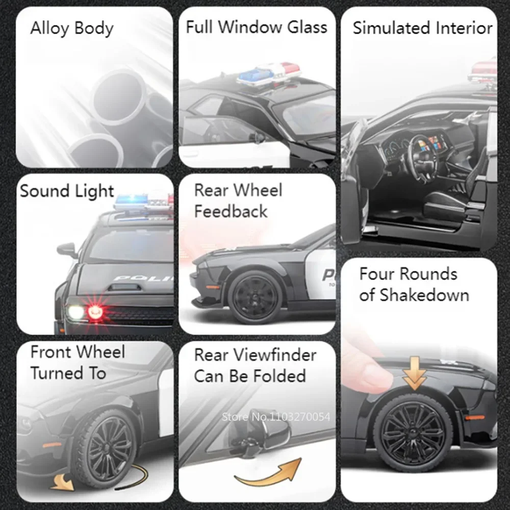 1:22 Hellcat تشالنجر SRT نموذج سيارة شرطة اللعب سبيكة دييكاست الأبواب فتح ضوء الصوت التراجع المركبات ديكور المنزل الحلي