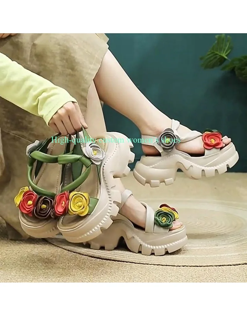 

Round Head Toe Decorated With Red Flowers Platform Summer Sandals Instep S-Shaped Fixed Shallow Luxury Women's Shoes Handmade