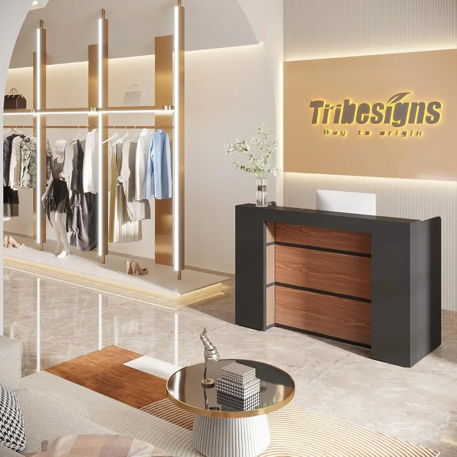 Modern Reception Desk with LED Lights, 63 Inches Front Counter Table for Reception Room, Lobby, Beauty Salon,Retail(Black&Brown)