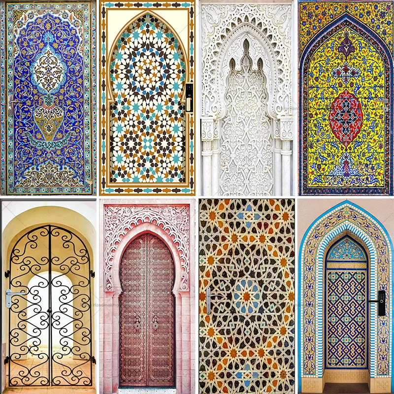 Louvre Retro Art Door Stickers Poster, Moroccan Arches Architecture Landscape Decorative Painting, Home Bedroom PVC Closet Decor