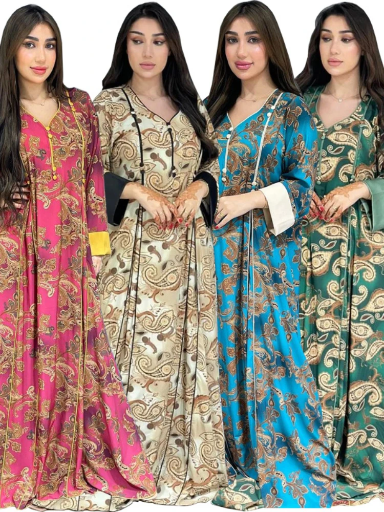 Eid Muslim Print Dress Women Abaya Elegant V Neck Vestidos Largos Summer Arab Dubai Jalabiya Party Dresses Kaftan Long Robe 2024