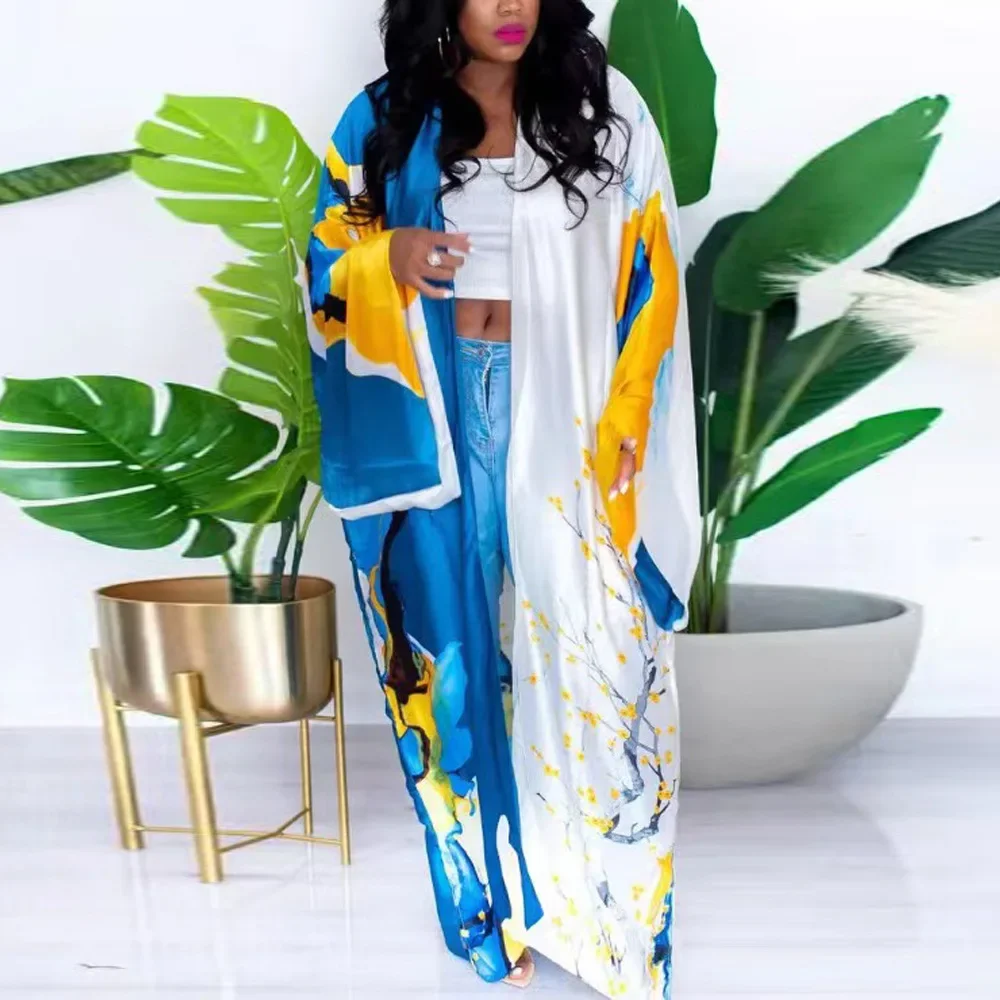 Spring Summer Fashion Satin Cardigan Coat African Women Causal Elegant Silk Print Long Cardigan Windbreaker Coat Long Robe Women