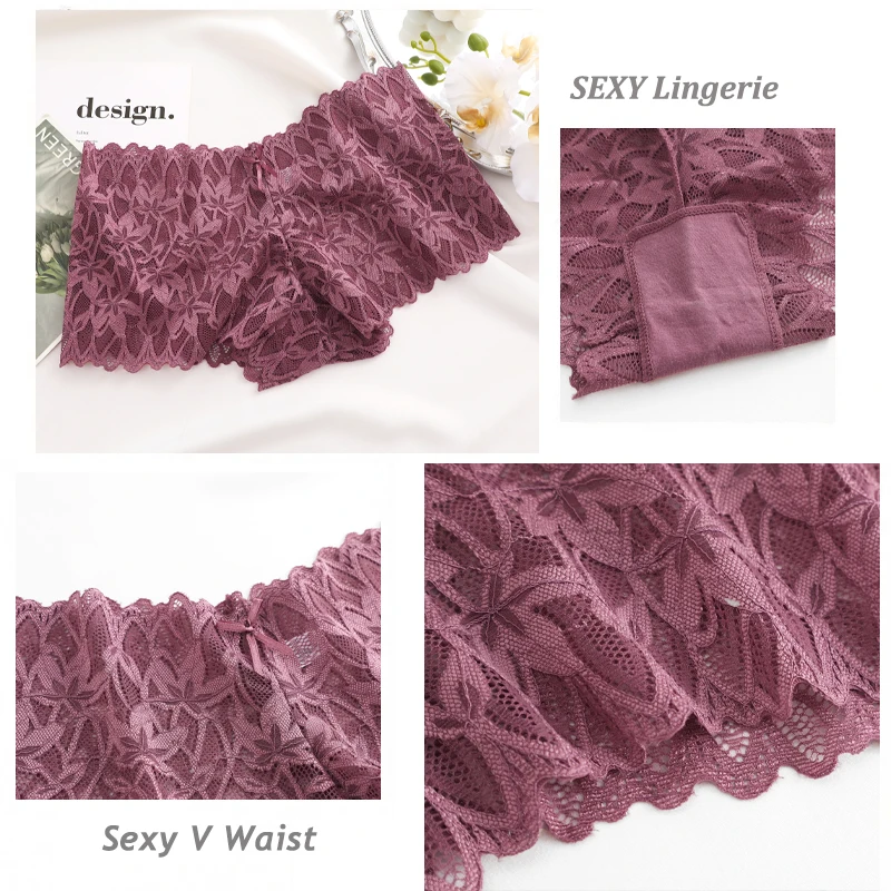 4PCS Women Floral Lace Panties Sexy Perspective Underwear V Waist Solid Color Underpants Female Breathable Intimates Lingerie