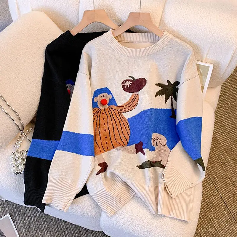 

Cartoon Jacquard Knitted Sweater Pullover Women Autumn Winter Vintage Fashion Loose Tops Long Sleeve O-neck Ladies Knitwear 2023