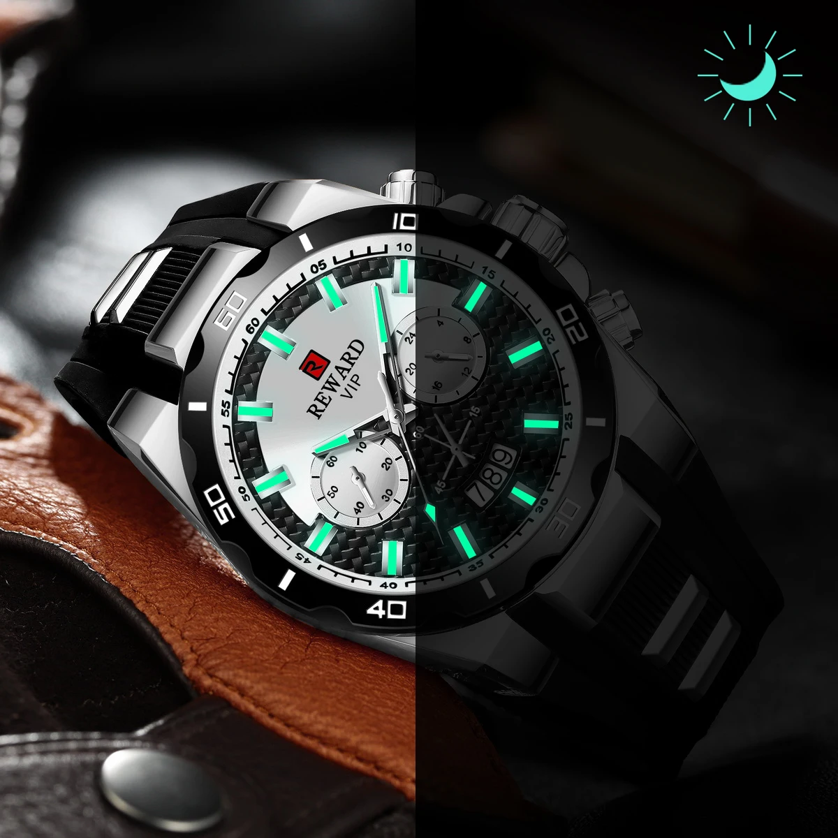 Black REWARD Quartz Watches Multi-functional Dial Silicone Band Sport Men Watch Hommes Montres