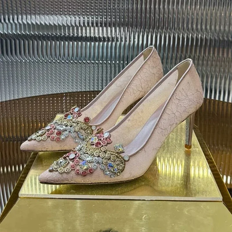 Scarpe da sposa per feste in rete di perle con strass Sandali con tacco alto moda donna Décolleté con punta a punta Sandali con tacco sottile estivo