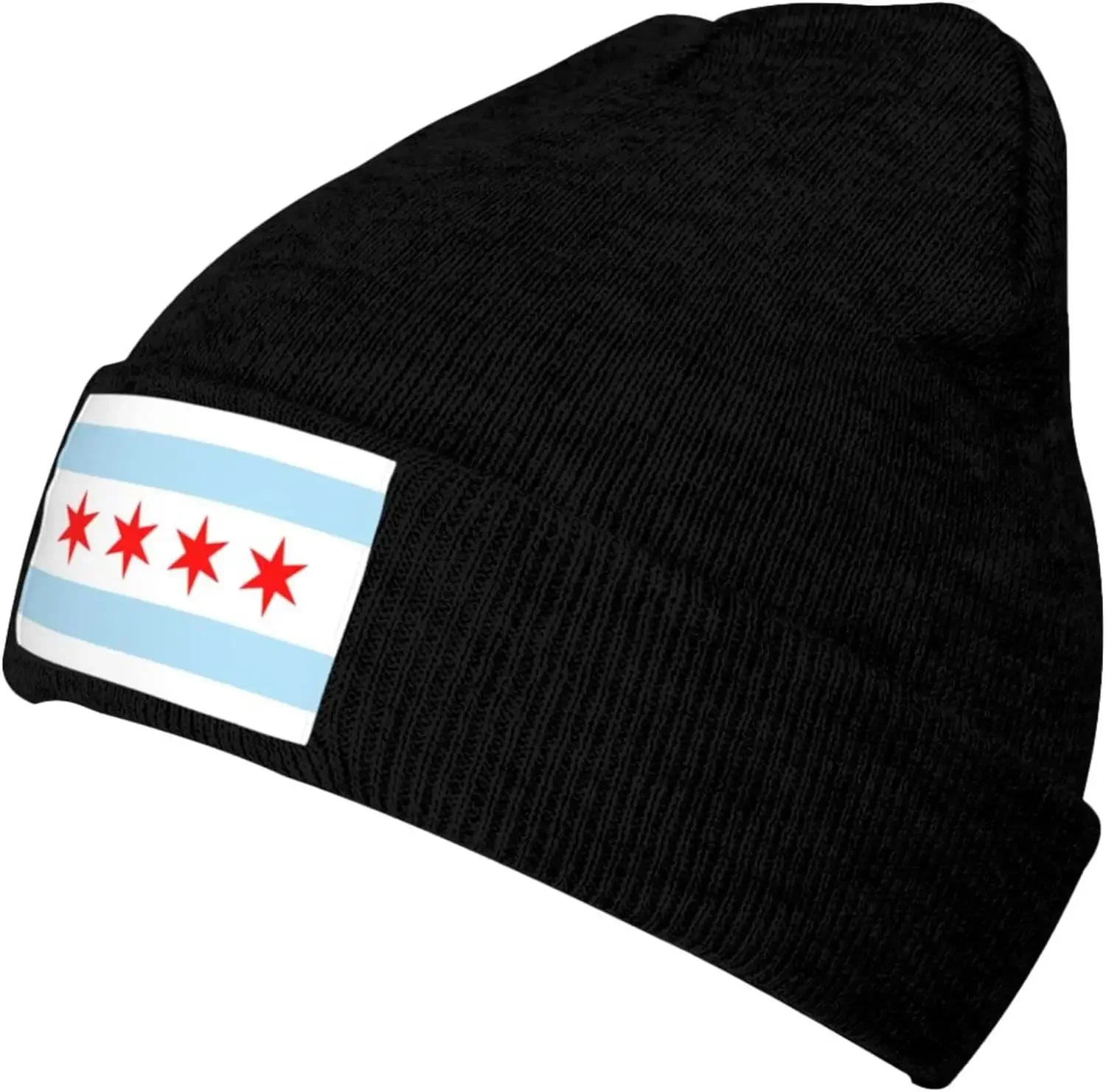 Chicago Flag Knit Beanie Winter Hats for Men and Women Knitted Cuffed Skull Cap Acrylic Daily Beanie Hat