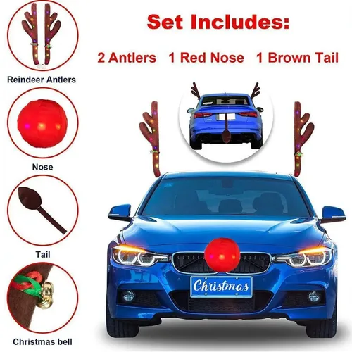 Imagen 2 del producto Decoración de astas de coche, Kit de decoración navideña de Reno con luz LED, disfraz de vehículo, camión, decoración de ciervo y astas de Navidad