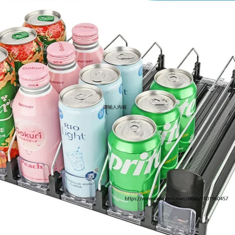 Drink Organizer Dispenser Spring Push Can Shelf Pusher Adjustable Width Soda Can Bottle Pusher E-shaped Glide for Kitchen Fridge