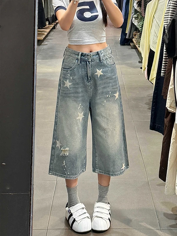 

American Style Vintage Star Print Seven-Foot Denim Jeans Women Summer New Large Size Slim Loose Hip Concealing Wide Leg Pants