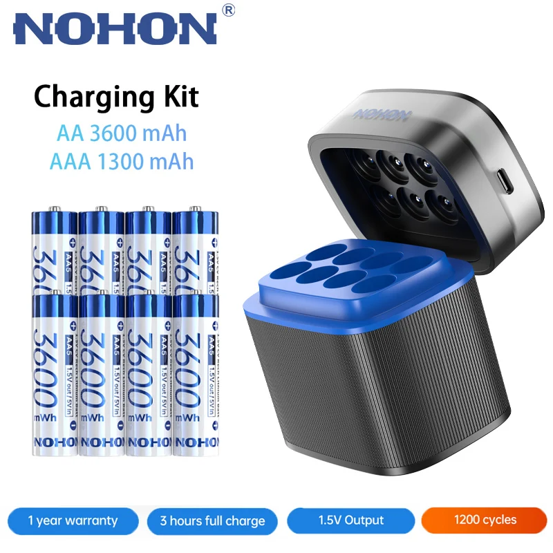 NEW Nohon Rechargeable Battery 1.5V AA 3600mWh AAA 1300mWh Original Li Batteries With Charger for Clock Video Radio Game Camera