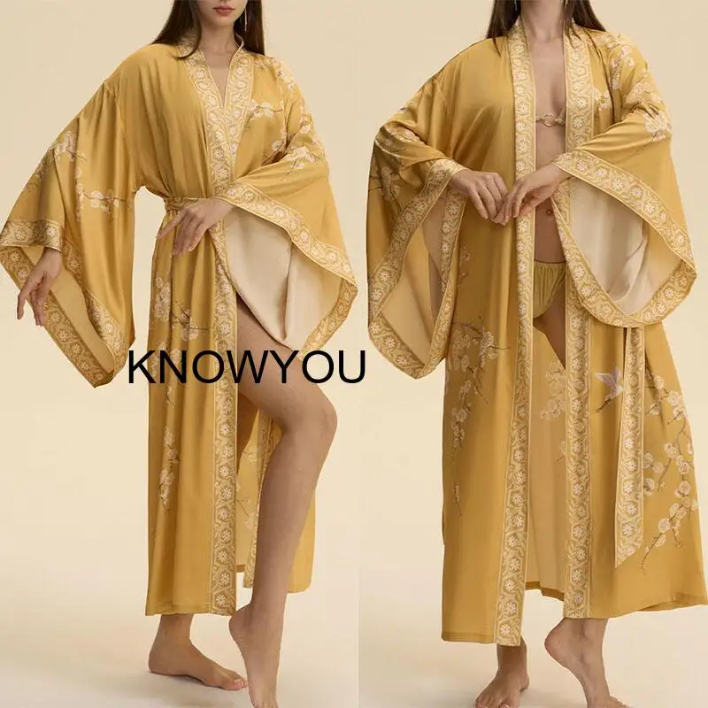 

Vacation Kimono Elegant Cardigan Beach Wear Sexy Women's Bikini Cover-Up Print Beachwear Beach Maxi Dress Swim Suit Onesize