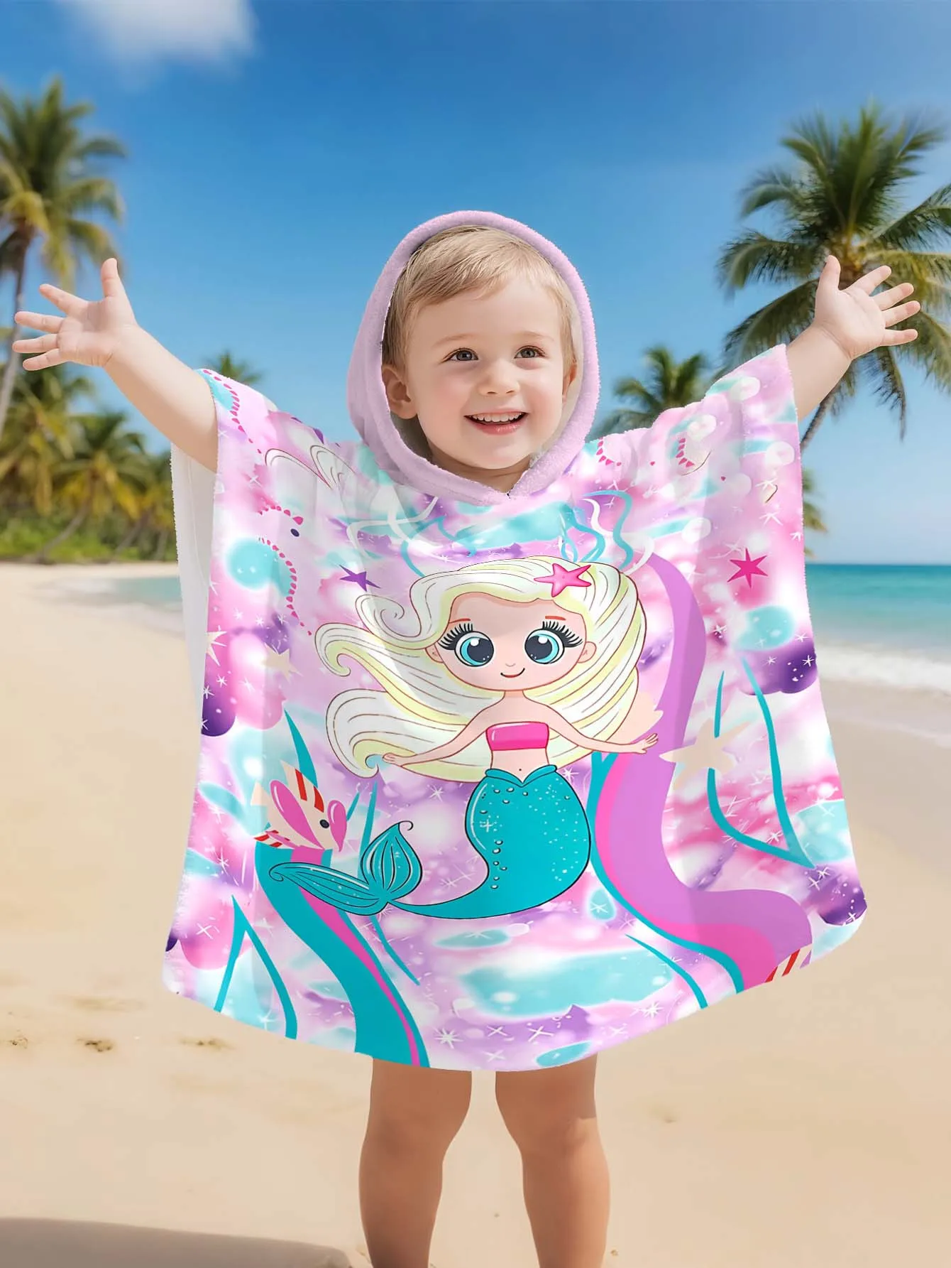 

Blonde Mermaid Bathrobe Soft Bathrobe Super Absorbent Side buttons Suit For Beach Pool Seaside Camping For Girl Age 2-11