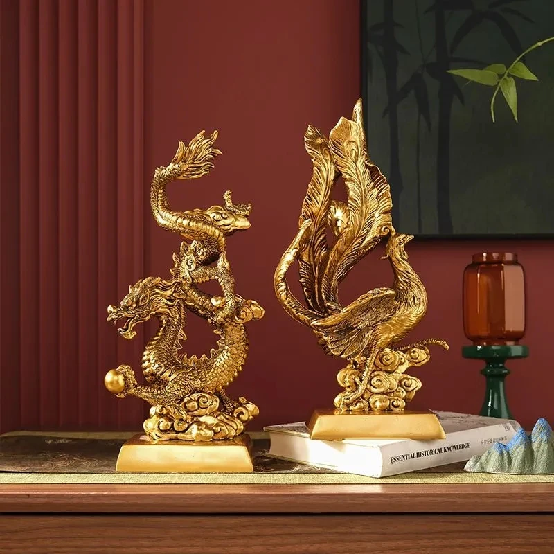 

Gold Dragon Phoenix Resin Sculpture Accessories Items Home Room Bookshelf Furnishing Ornaments Office Desk Statue Decoration
