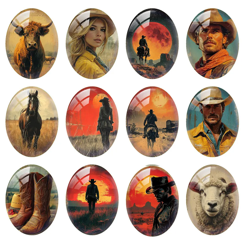 Random Mixed Round/Oval/Square Western Cowboy Retro Cowgirl Cow Photo Glass Cabochon Flatback Demo Cameo For Diy Jewelry Making