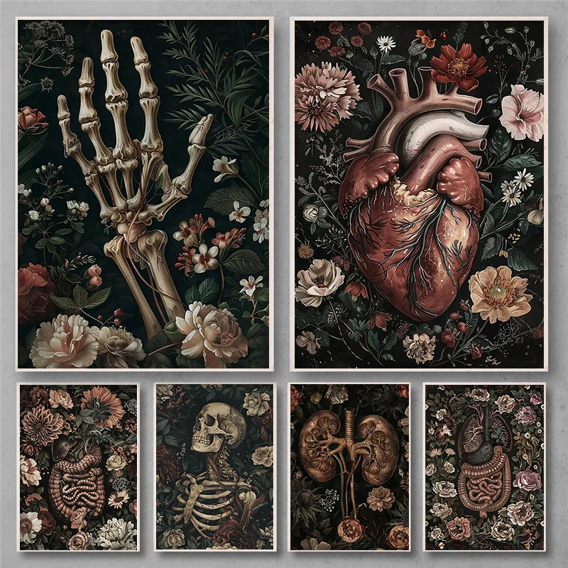 Floral Skeleton Portrait Anatomical Dark Academia Halloween Printable Spooky Decor Vintage Poster Gothic Painting Flower Skul