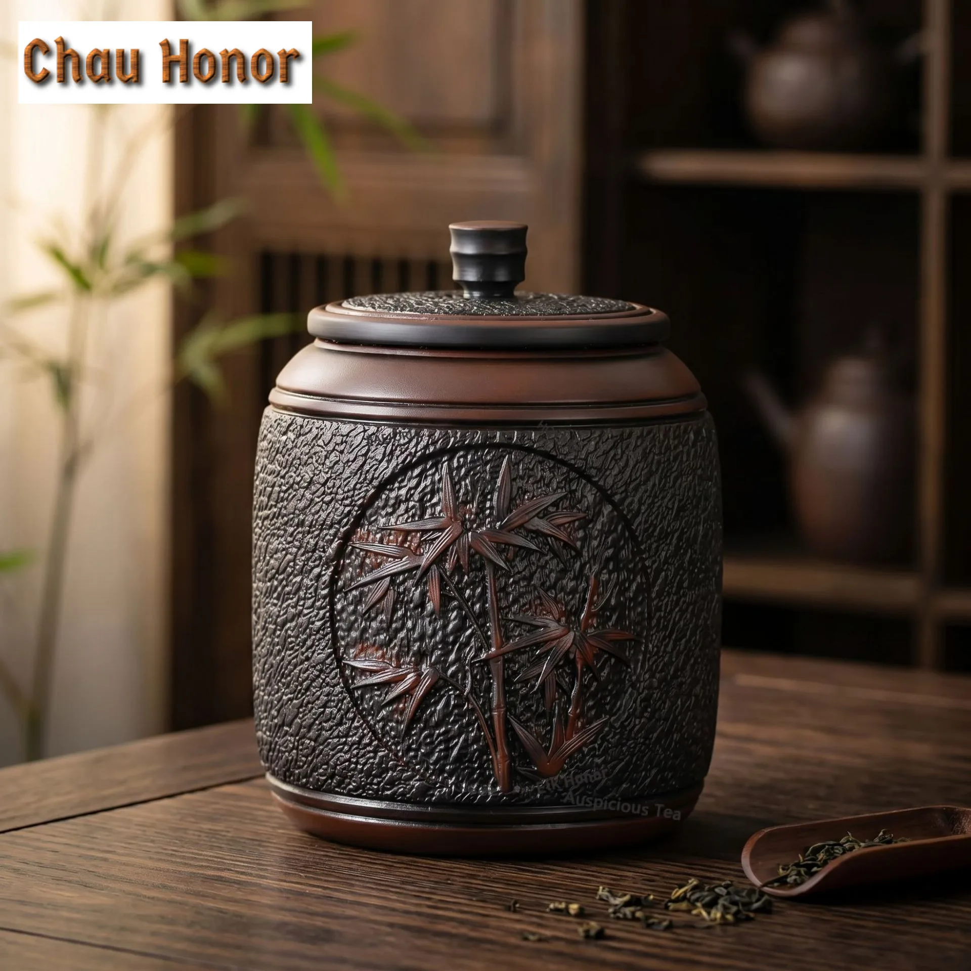 ZAEYORIA Bamboo Purple Pottery Large Tea Box Organizer Moisture-proof Handmade Storage Tank Containers Tea Caddy Cafes Ornaments